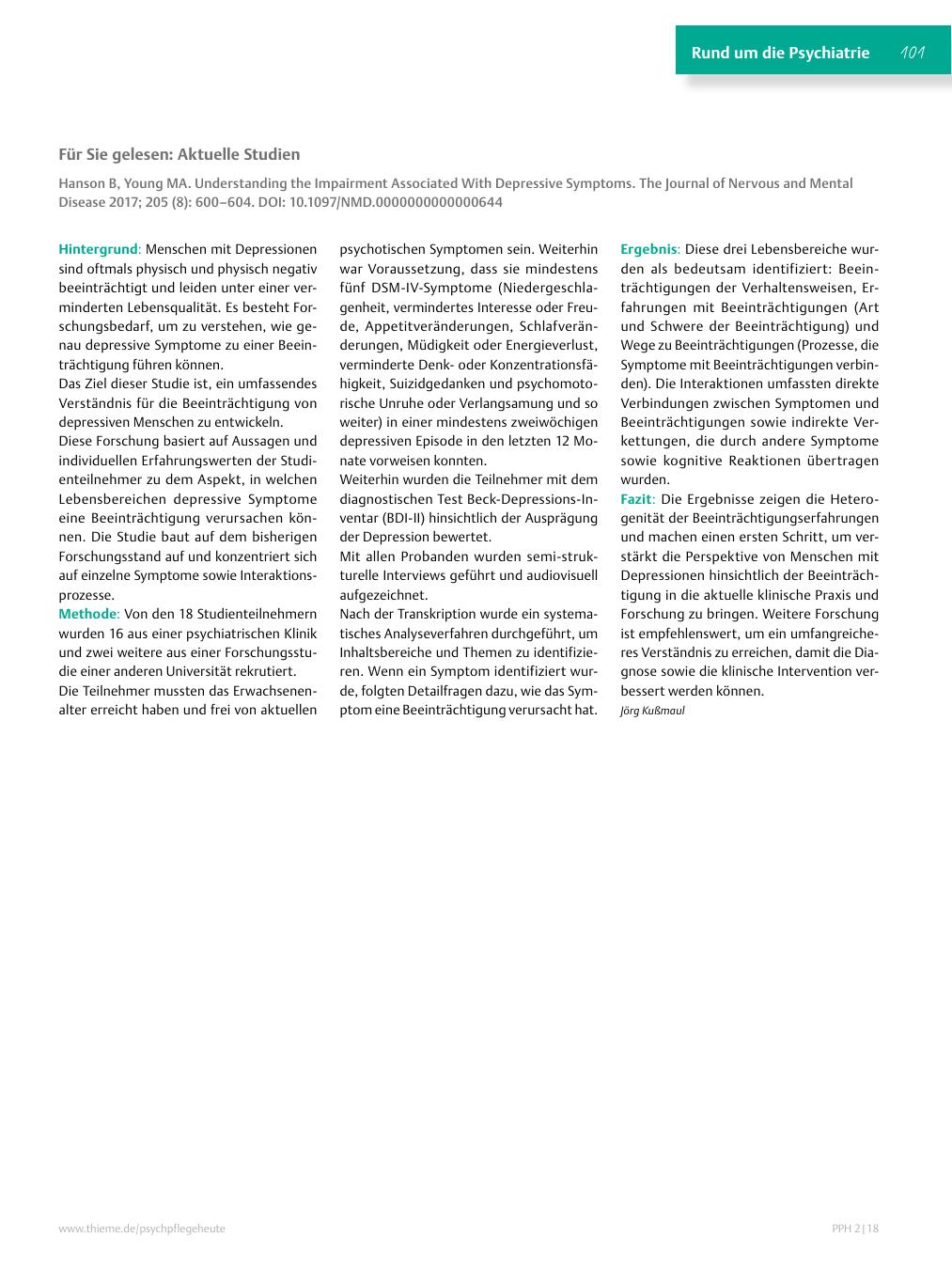 Vorschauseite 1: Für Sie gelesen: Hanson B, Young MA. Understanding the Impairment Associated With Depressive Symptoms. The Journal of Nervous and Mental Disease 2017; 205 (8): 600–604. DOI: 10.10…