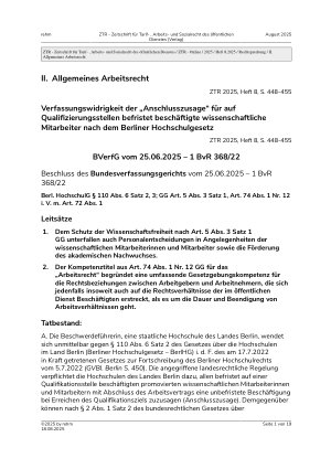 Vorschauseite 1: Verfassungswidrigkeit der „Anschlusszusage“ für auf Qualifizierungsstellen befristet beschäftigte wissenschaftliche Mitarbeiter nach dem Berliner Hochschulgesetz