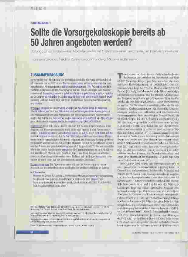 Vorschauseite 1: Sollte die Vorsorgekoloskopie bereits ab 50 Jahren angeboten werden?