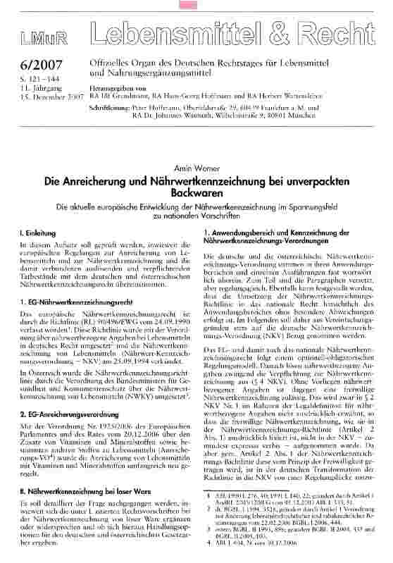 Vorschauseite 1: Die Anreicherung und Nährwertkennzeichnung bei unverpacktenBackwaren