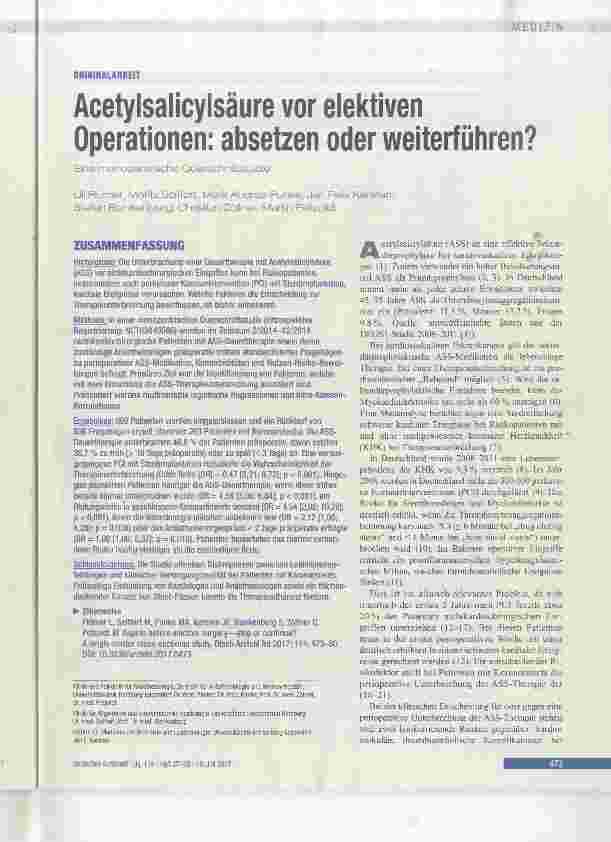Vorschauseite 1: Acetylsalicylsäure vor elektiven Operationen; absetzen oder weiterführen?