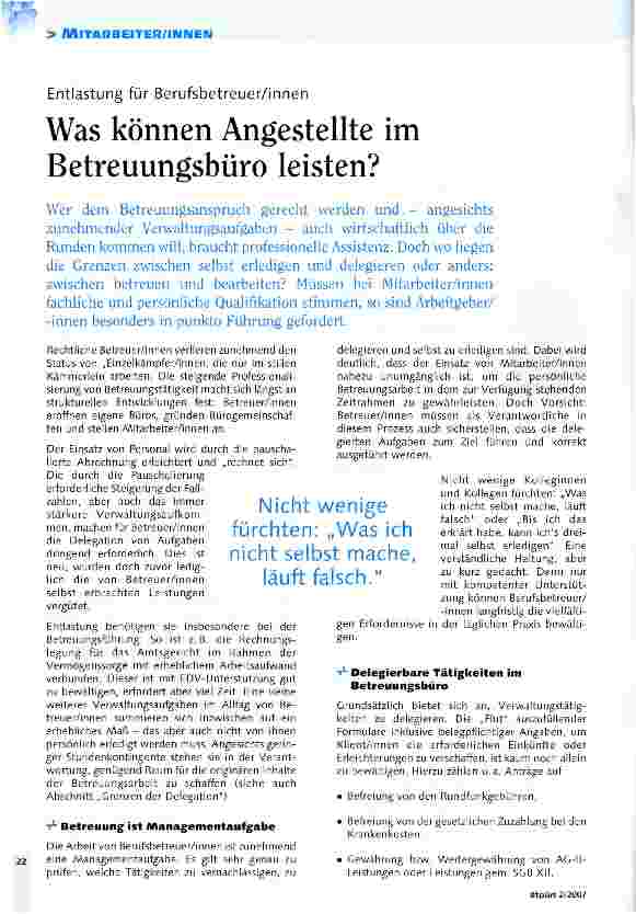 Vorschauseite 1: Entlastung für Berufsbetreuer/innen - Was können Angestellte im Betreuungsbüro leisten?
