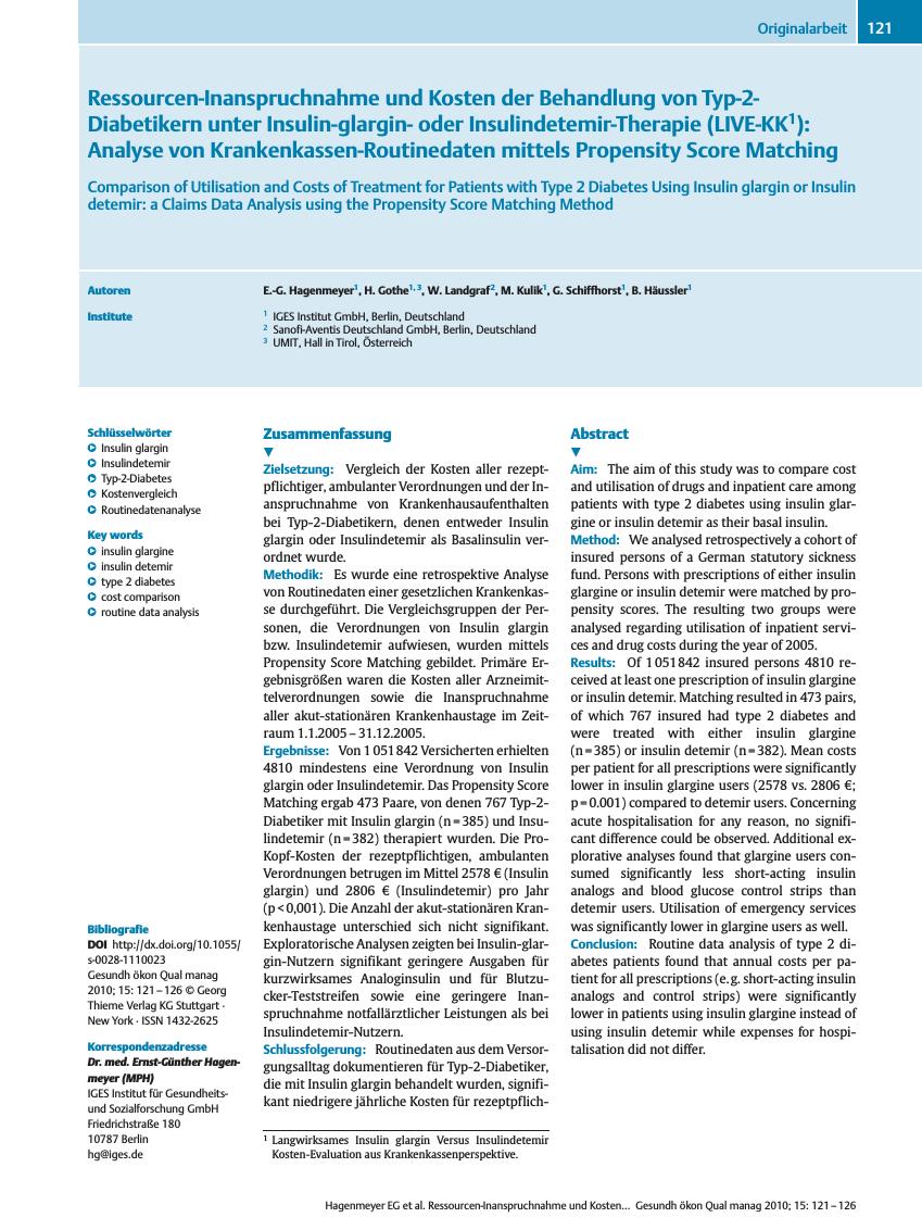 Vorschauseite 1: Ressourcen-Inanspruchnahme und Kosten der Behandlung von Typ-2-Diabetikern unter Insulin-glarginoder Insulindetemir-Therapie (LIVE-KK): Analyse von Krankenkassen-Routinedaten mitt…