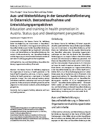 Vorschauseite 1: Ausund Weiterbildung in der Gesundheitsförderung in Österreich. Bestandsaufnahme und Entwicklungsperspektiven