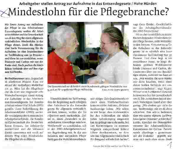 Vorschauseite 1: Mindestlohn für die Pflegebranche?