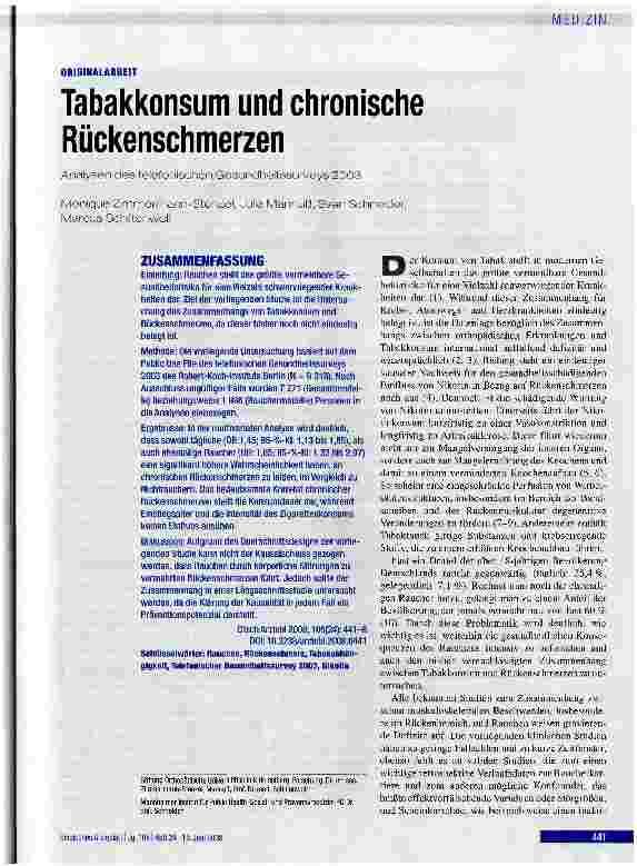 Vorschauseite 1: Tabakkonsum und chronische Rückenschmerzen Analysen des telefonischen Gesundheitssurveys 2O03