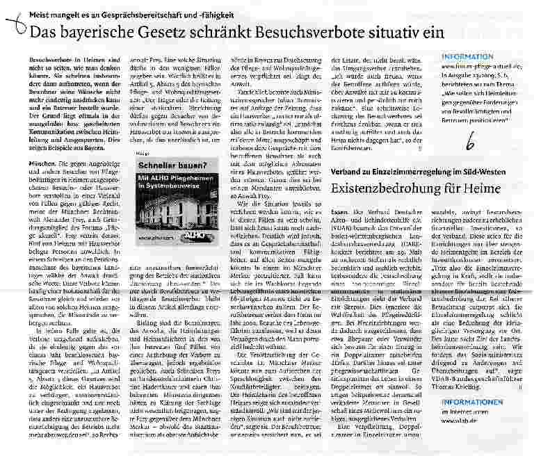 Vorschauseite 1: Das bayerische Gesetz schränkt Besuchsverbote situativ ein