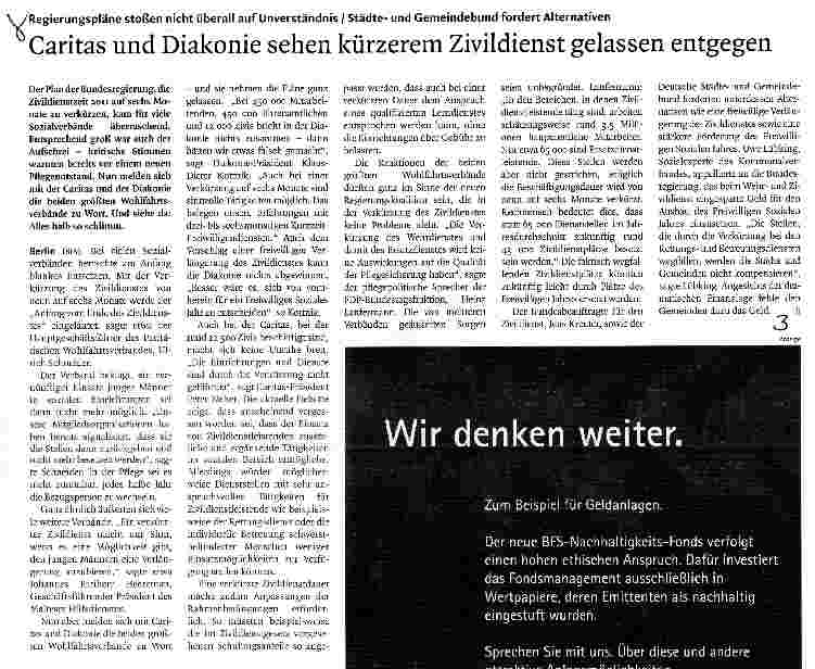 Vorschauseite 1: Caritas und Diakonie sehen kürzerem Zivildienst gelassen entgegen