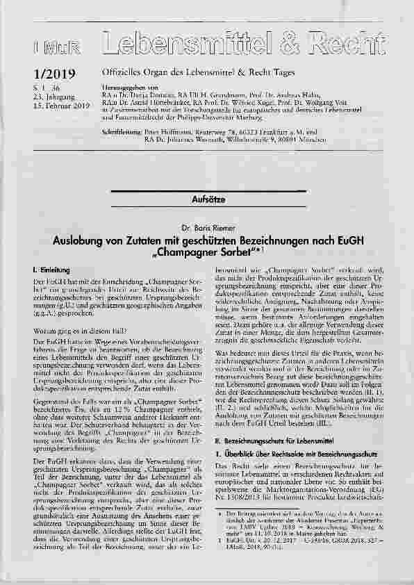 Vorschauseite 1: Auslobung von Zutaten mit geschützten Bezeichnungen nach EuGHChampagner Sorbet