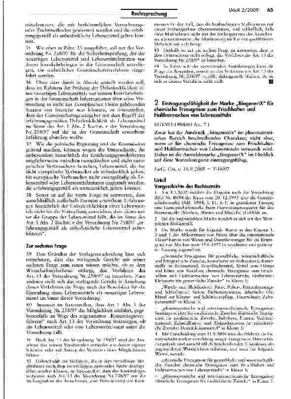 Vorschauseite 1: Eintragungsfähigkeit der Marke „BiogeneriX für chemische Erzeugnisse zum Frischhalten und Haltbarmachen von Lebensmitteln