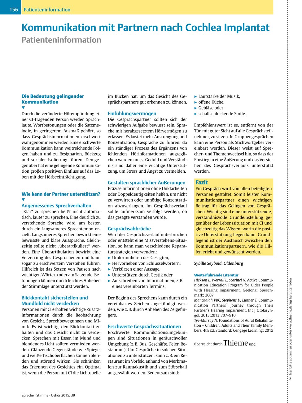 Vorschauseite 1: Kommunikation mit Partnern nach Cochlea Implantat
