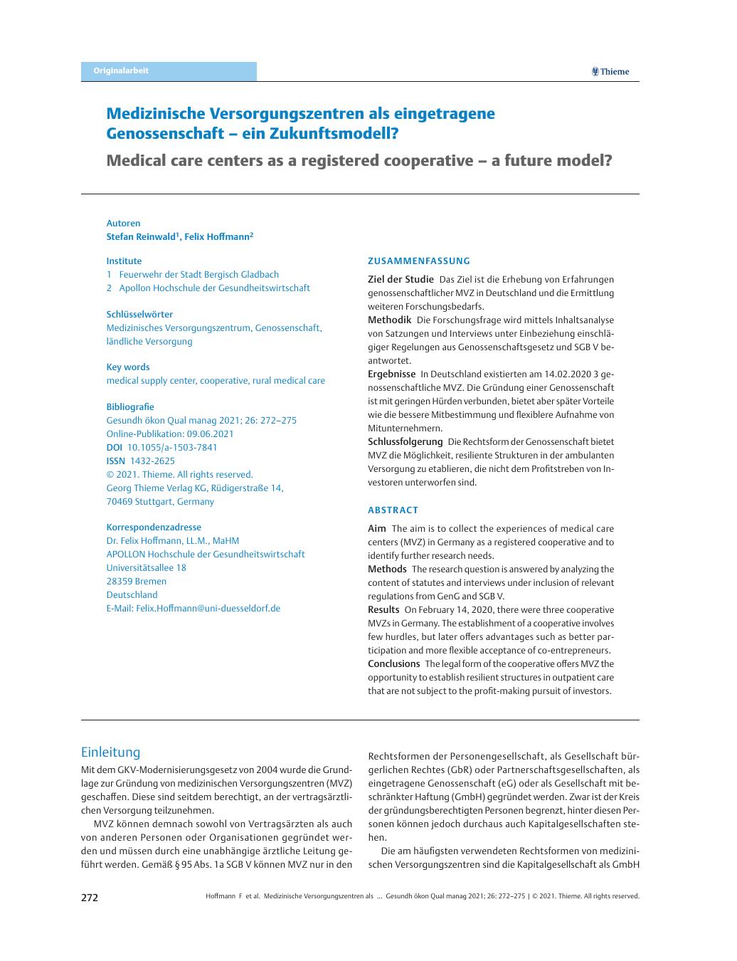 Vorschauseite 1: Medizinische Versorgungszentren als eingetragene Genossenschaft – ein Zukunftsmodell?