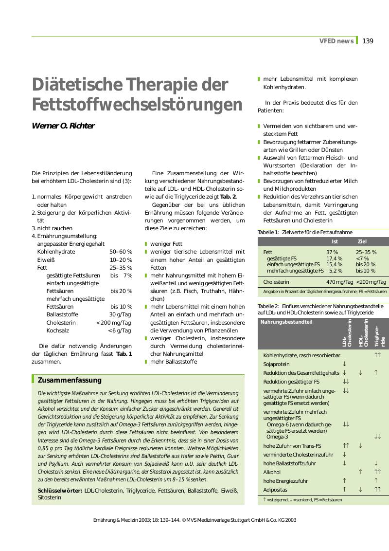 Vorschauseite 1: Diätetische Therapie der Fettstoffwechselstörungen