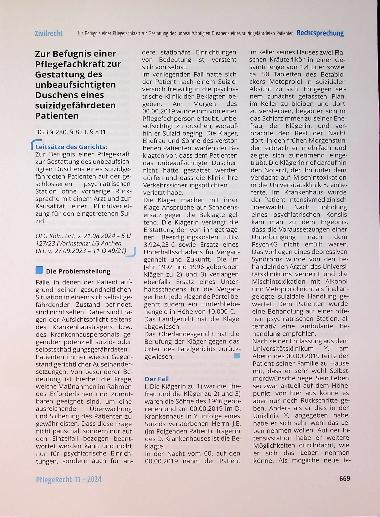 Vorschauseite 1: Zur Befugnis einer Pflegefachkraft zur Gestattung des unbeaufsichtigten Duschens eines suizidgefährdeten Patienten.
