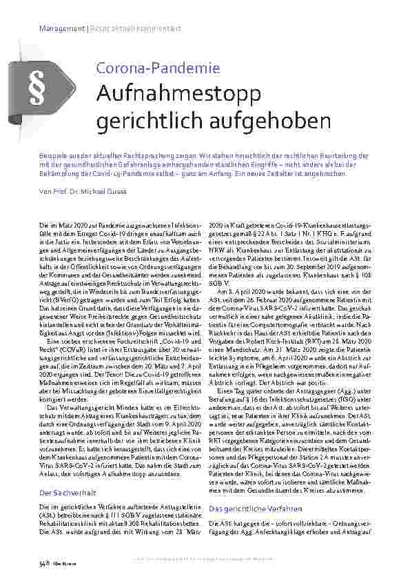 Vorschauseite 1: Corona-Pandemie Aufnahmestopp gerichtlich aufgehoben