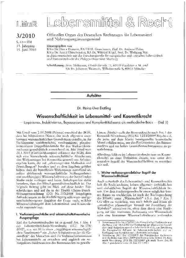 Vorschauseite 1: Wissenschaftlichkeit im Lebensmittelund Kosmetikrecht Empirismus, Induktivismus, Bayesianismus und Komplexitätstheorie als methodische Basis — (Teil 1