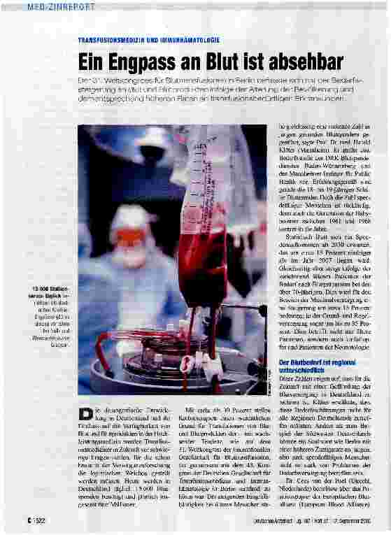 Vorschauseite 1: Ein Engpass an Blut ist absehbar