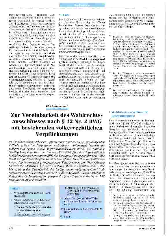 Vorschauseite 1: Zur Vereinbarkeit des Wahlrechtsausschlusses nach § 13 Nr. 2 BWG mit bestehenden völkerrechtlichen Verpflichtungen