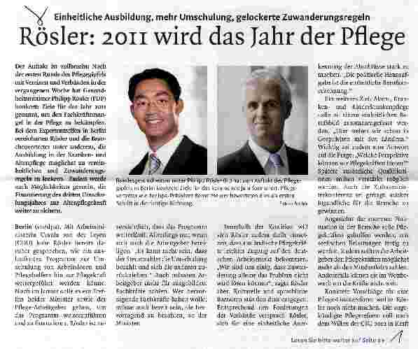 Vorschauseite 1: Einheitliche Ausbildung, mehr Umschulung, gelockerte ZuwanderungsregelnRösler: 2011 wird das Jahr der Pflege