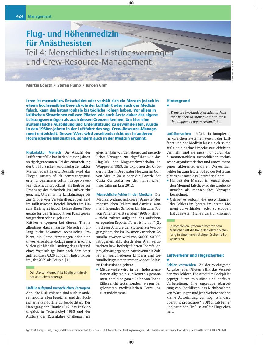Vorschauseite 1: Flugund Höhenmedizin für Anästhesisten – Teil 4: Menschliches Leistungsvermögen und Crew-Resource-Management
