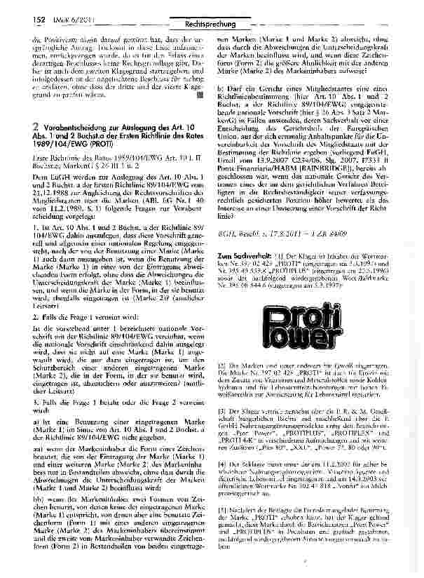 Vorschauseite 1: Vorabentscheidung zur Auslegung des Art. 10 Abs. 1 und 2 Buchst.a der Ersten Richtlinie des Rates 1989/104/EWG(PROTI)