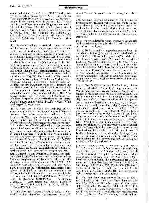 Vorschauseite 3: Vorabentscheidung zur Auslegung des Art. 10 Abs. 1 und 2 Buchst.a der Ersten Richtlinie des Rates 1989/104/EWG(PROTI)