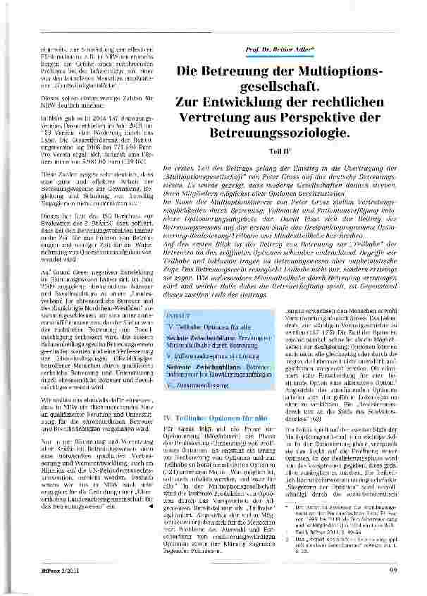 Vorschauseite 1: Die Betreuung der Multioptionsgesellschaft. Zur Entwicklung der rechtlichenVertretung aus Perspektive der Betreuungssoziologie. Teil II