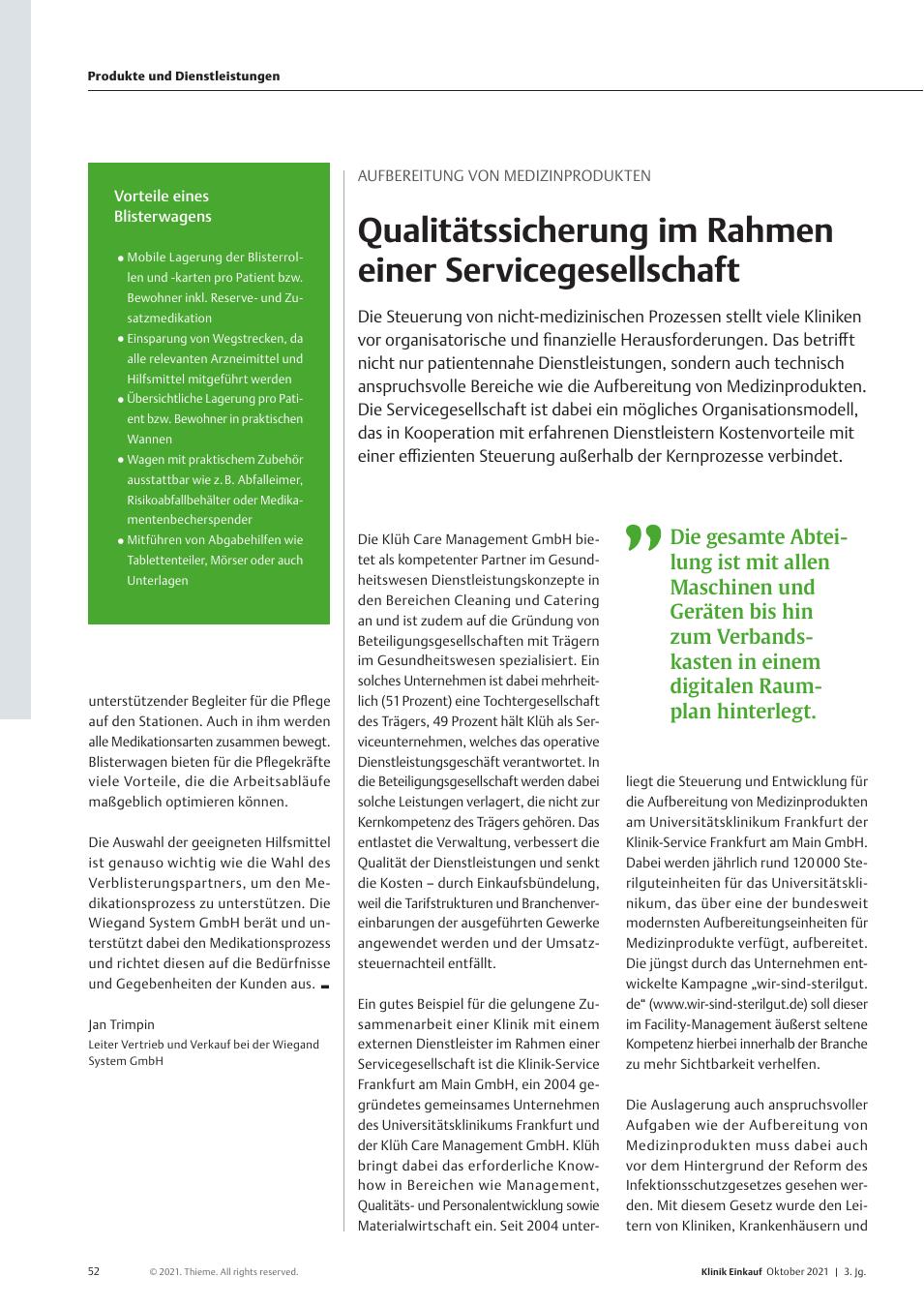 Vorschauseite 1: Aufbereitung von Medizinprodukten: Qualitätssicherung im Rahmen einer Servicegesellschaft