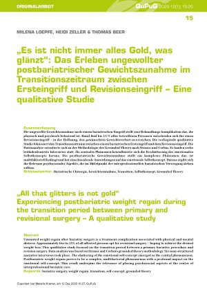 Vorschauseite 1: „Es ist nicht immer alles Gold, was glänzt“: Das Erleben ungewollter postbariatrischer Gewichtszunahme im Transitionszeitraum zwischen Ersteingriff und Revisionseingriff – Eine qu…
