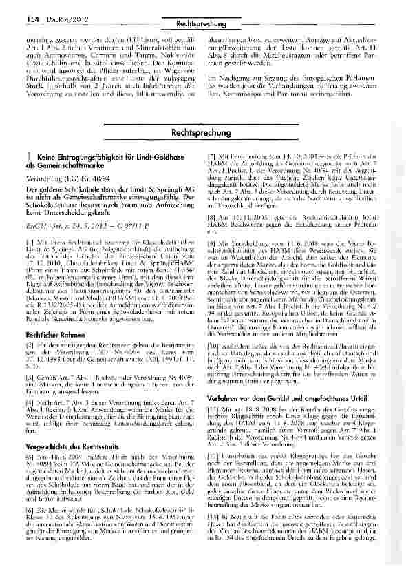 Vorschauseite 1: Keine Eintragungsfähigkeit für Lindt-Goldhase als Gemeinschaftsmarke