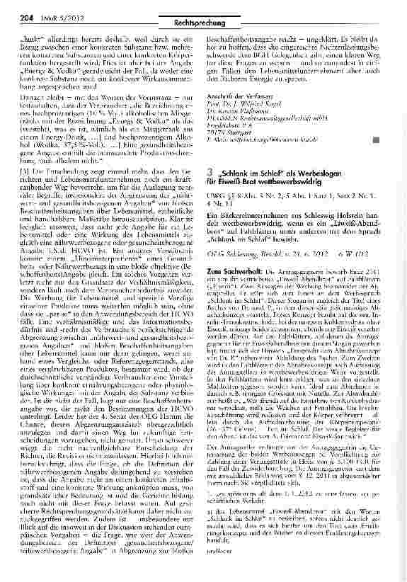 Vorschauseite 1: „Schlank im Schlaf als Werbeslogan für Eiweiß-Brot wettbewerbswidrig UWG §S 8 Abs. 3 Nr. 2, 5 Abs. 1 Satz 1, Satz 2 Nr. 1, 4 Nr. 11