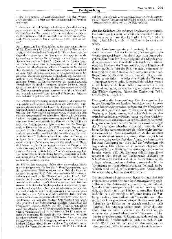 Vorschauseite 2: „Schlank im Schlaf als Werbeslogan für Eiweiß-Brot wettbewerbswidrig UWG §S 8 Abs. 3 Nr. 2, 5 Abs. 1 Satz 1, Satz 2 Nr. 1, 4 Nr. 11