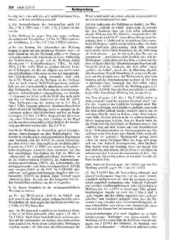 Vorschauseite 3: „Schlank im Schlaf als Werbeslogan für Eiweiß-Brot wettbewerbswidrig UWG §S 8 Abs. 3 Nr. 2, 5 Abs. 1 Satz 1, Satz 2 Nr. 1, 4 Nr. 11