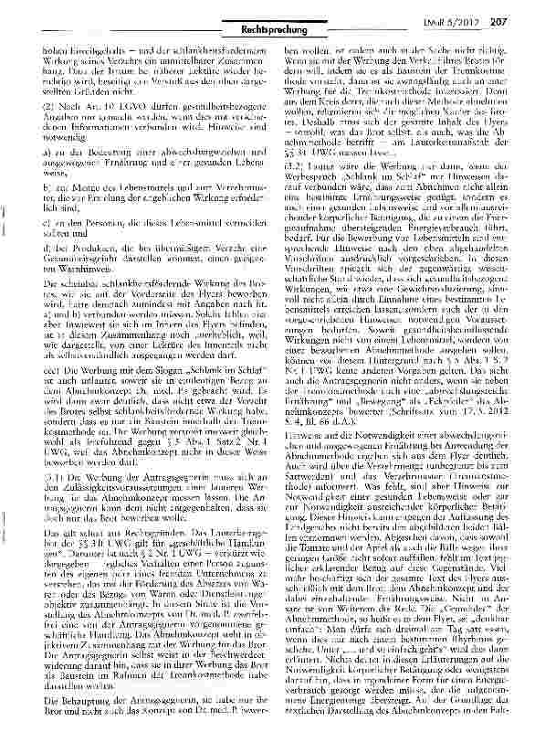 Vorschauseite 4: „Schlank im Schlaf als Werbeslogan für Eiweiß-Brot wettbewerbswidrig UWG §S 8 Abs. 3 Nr. 2, 5 Abs. 1 Satz 1, Satz 2 Nr. 1, 4 Nr. 11