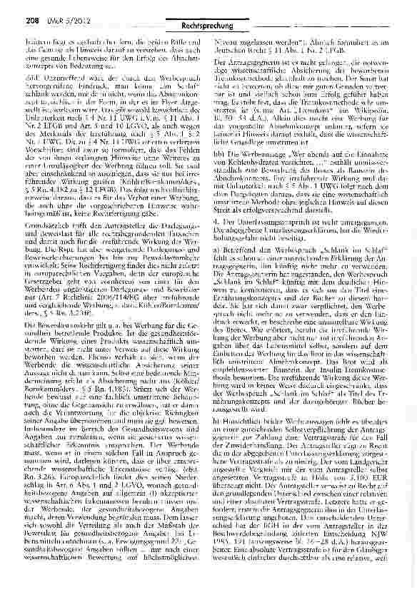 Vorschauseite 5: „Schlank im Schlaf als Werbeslogan für Eiweiß-Brot wettbewerbswidrig UWG §S 8 Abs. 3 Nr. 2, 5 Abs. 1 Satz 1, Satz 2 Nr. 1, 4 Nr. 11