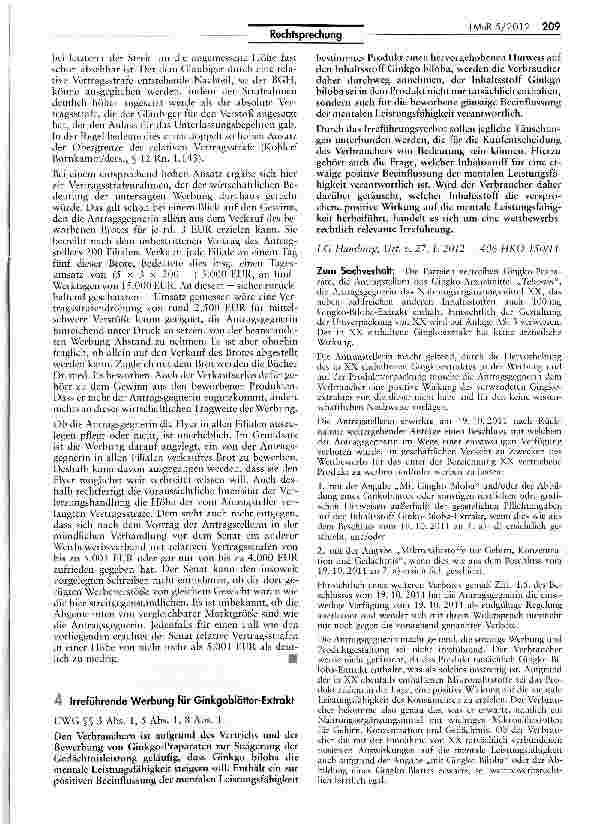Vorschauseite 6: „Schlank im Schlaf als Werbeslogan für Eiweiß-Brot wettbewerbswidrig UWG §S 8 Abs. 3 Nr. 2, 5 Abs. 1 Satz 1, Satz 2 Nr. 1, 4 Nr. 11