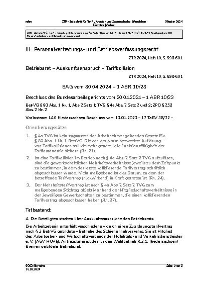 Vorschauseite 1: III. Personalvertretungsund Betriebsverfassungsrecht Betriebsrat – Auskunftsanspruch – Tarifkollision