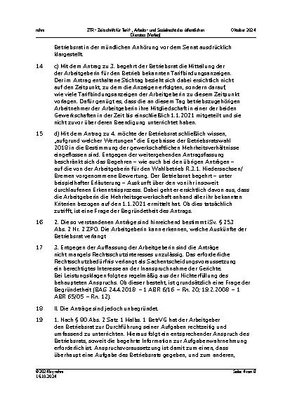Vorschauseite 4: III. Personalvertretungsund Betriebsverfassungsrecht Betriebsrat – Auskunftsanspruch – Tarifkollision