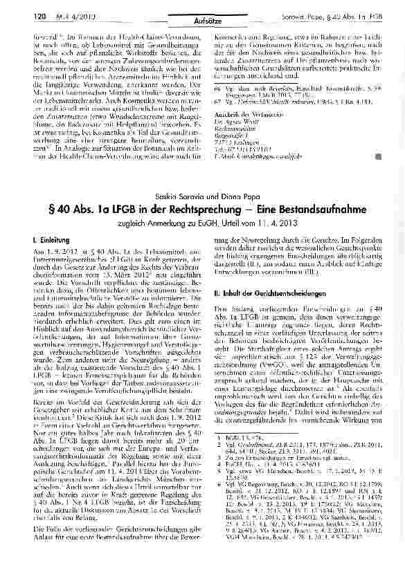 Vorschauseite 1: § 40 Abs. la LFGB in der Rechtsprechung - Eine Bestandsaufnahme