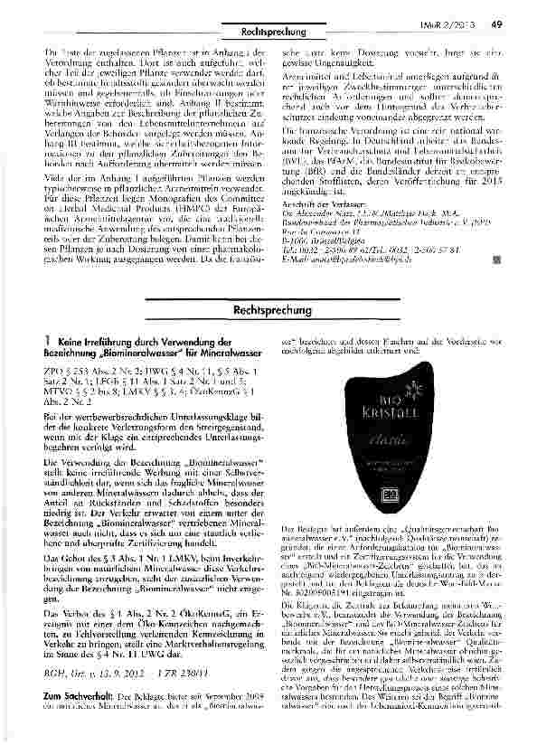 Vorschauseite 1: Keine Irreführung durch Verwendung der Bezeichnung „Biomineralwasser für MineralwasserZPO $ 253 Abs. 2 Nr. 2; UWG § 4 Nr. 11, § 5 Abs. 1 Satz 2 Nr. 1; LFGB § 11 Abs. 1 Satz 2 Nr.…