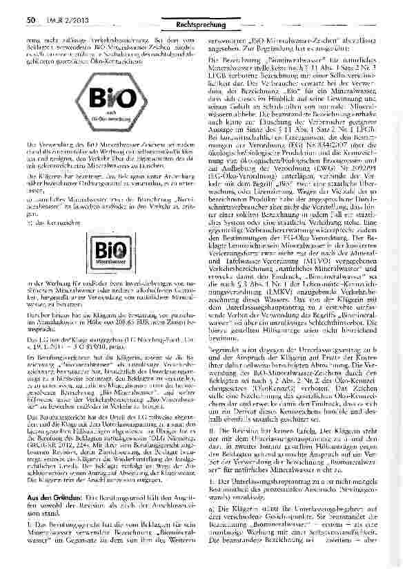 Vorschauseite 2: Keine Irreführung durch Verwendung der Bezeichnung „Biomineralwasser für MineralwasserZPO $ 253 Abs. 2 Nr. 2; UWG § 4 Nr. 11, § 5 Abs. 1 Satz 2 Nr. 1; LFGB § 11 Abs. 1 Satz 2 Nr.…