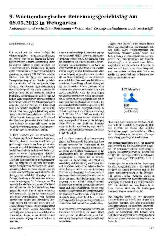 Vorschauseite 1: 9. Württembergischer Betreuungsgerichtstag am 08.03.2013 in Weingarten