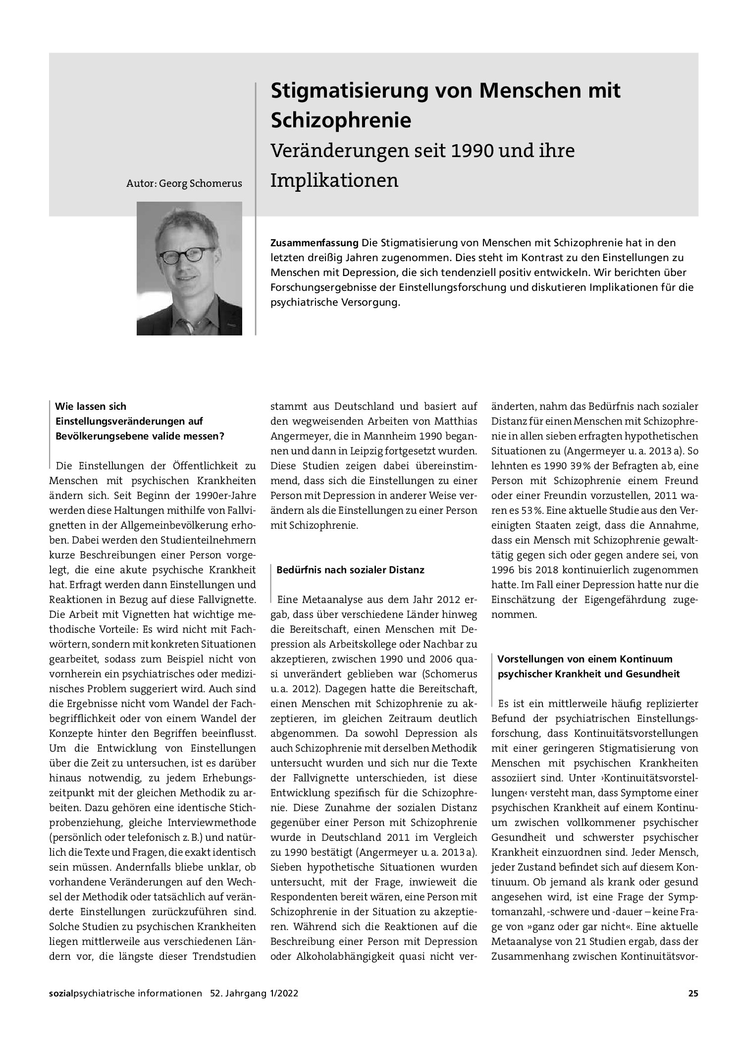 Vorschauseite 1: Stigmatisierung von Menschen mit Schizophrenie: Veränderungen seit 1990 und ihre Implikationen