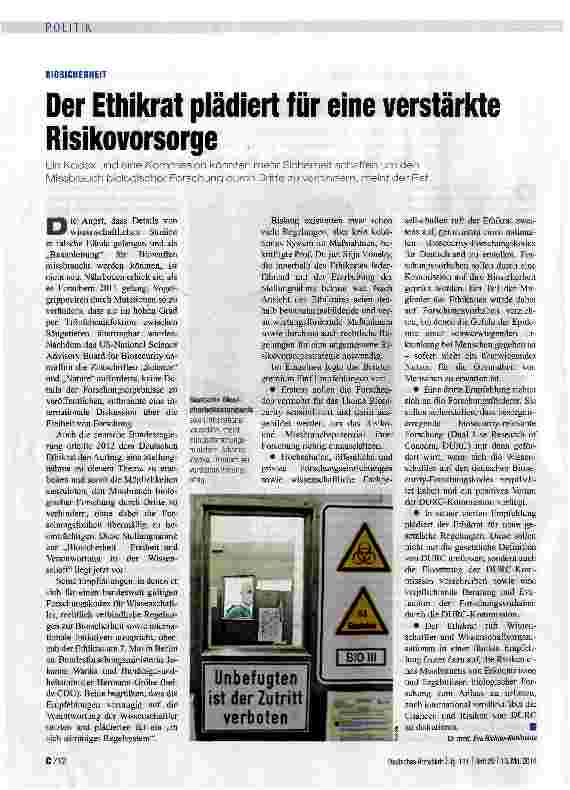 Vorschauseite 1: Der Ethikrat plädiert für eine verstärkte Risikovorsorge