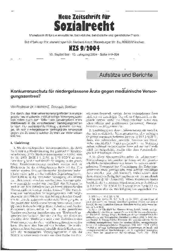 Vorschauseite 1: Konkurrenzschutz für niedergelassene Ärzte gegen medizinische Versorgungszentren?
