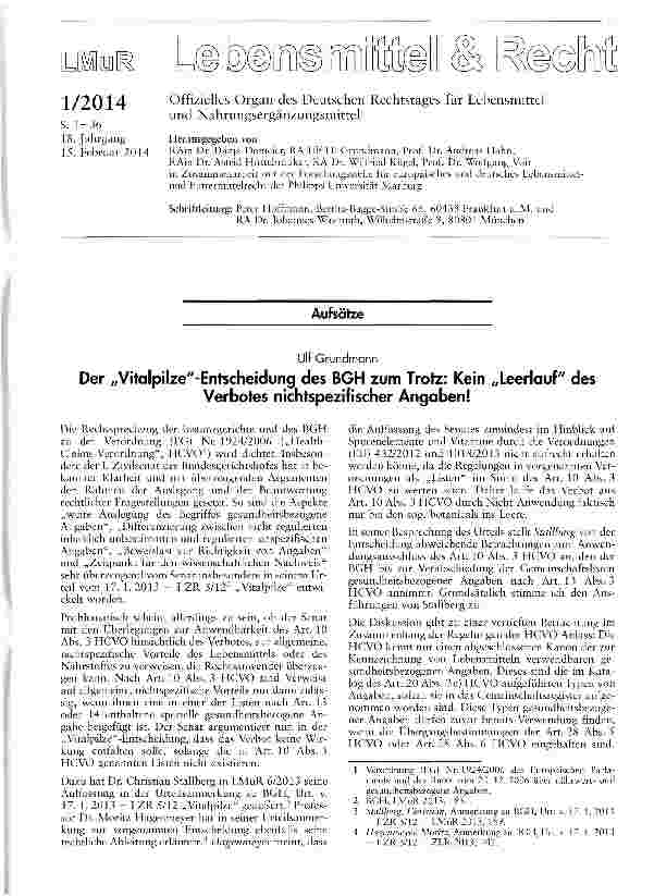 Vorschauseite 1: Der „Vitalpilze-Entscheidung des BGH zum Trofz: Kein „Leerlauf desVerbotes nichtspezifischer Angaben!