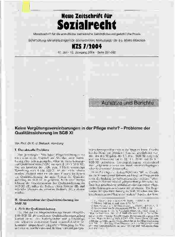 Vorschauseite 1: Keine Vergütungsvereinbarungen in der Pflege mehr? - Probleme der Qualitätssicherung im SGB XI