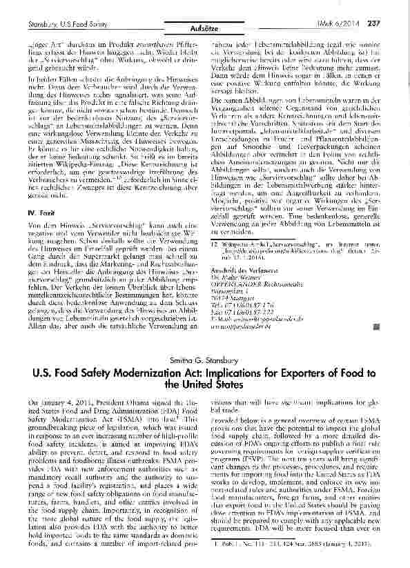 Vorschauseite 1: . S. Food Safety Modernization Act: Implications for Exporters of Food tothe United States