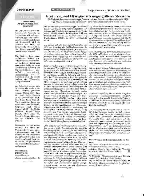 Vorschauseite 1: Ernährung und Flüssigkeitsversorgung älterer MenschenDie Nationale Pflegeassessmentgruppe Deutschland zur Grundsatz Stellungnahme des MDS