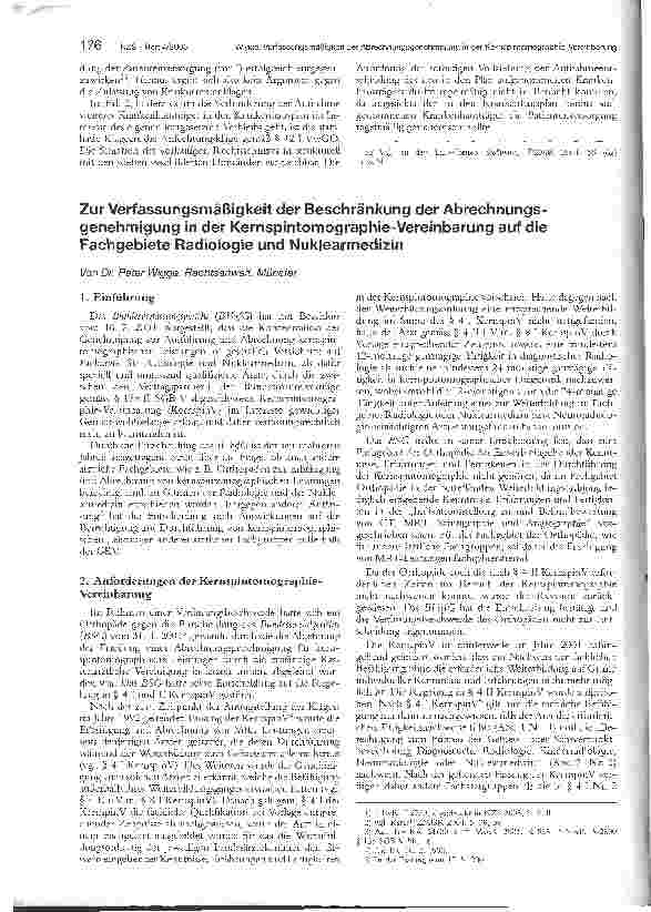 Vorschauseite 1: Zur Verfassungsmäßigkeit der Beschränkung der Abrechnungsgenehmigung in der Kernspintomographie-Vereinbarung auf die Fachgebiete Radiologie und Nuklearmedizin